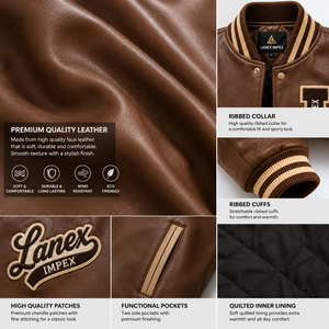 Custom Brown Varsity Letterman <b>Jacket</b> <b>Men</b> PU <b>Leather</b> Baseball College Front Embroidered Chenille Patch Bomber <b>Jacket</b> OEM Bulk - Product Image 5