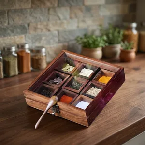 Boîte à épices en bois artisanale avec 9 compartiments et cuillère, organiseur de rangement pour épices de cuisine, boîte à masala en bois - Product Image 4