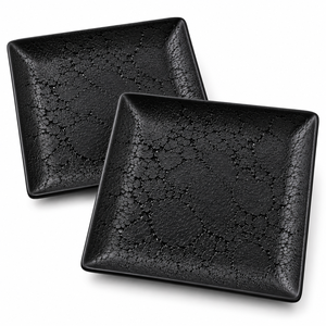 Platos cuadrados negros con textura craquelada y bordes redondeados |   Juego de Vajilla Negra Moderna para una Cena Elegante y Contemporánea - Product Image 1