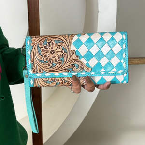 Portefeuille long pour femme 2026 en cuir véritable à carreaux, design floral estampé, avec pochette à main détachable, protection RFID, par un grand créateur - Product Image 4