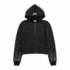Sudadera con capucha y cremallera en blanco y negro de calidad premium para hombre, con pedrería personalizada, informal, 100% algodón, forro polar, 450 g/m² - Product Image 1