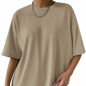 T-shirt en coton bleu clair pour femme, col rond, coupe ample, décontracté, manches courtes, couleur unie, respirant, jersey, pour le printemps et l'été - Product Image 3