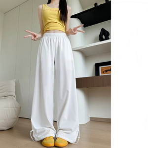 Pantalon large taille haute élastique à cordon de serrage pour femme, coupe ample, couleur unie, respirant, coupe-vent, anti-plis, décontracté, tissé, été - Product Image 2
