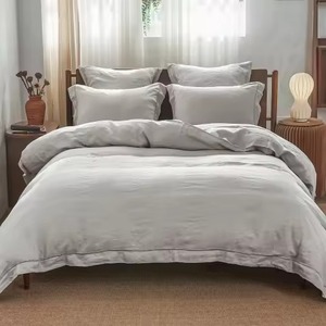 Ensemble de couette en lin rayé avec taies d'oreiller, ensemble de literie beige simple pour la chambre à coucher - Product Image 1