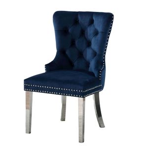 Set di 2 Sedie da Pranzo Contemporanee con Schienale Alto, Rivestite in Flanella Blu, con Bottoni Trapuntati - Product Image 3