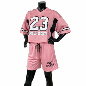 Ensemble short et maillot de football pour femmes, qualité supérieure, polyester, panneaux latéraux rose et noir, logo personnalisé, ensembles pour femmes 100% coton - Product Image 6