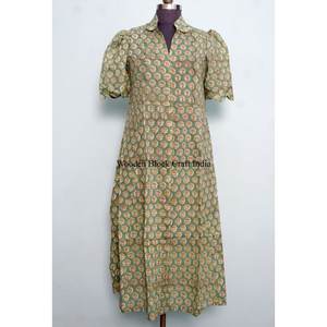 Vestido midi elegante para mujer, cómodo, de manga corta, con estampado floral vibrante hecho a mano, 100% algodón puro, estilo casual. - Product Image 3