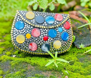 Handcrafted Vintage Storage Bag Boho Green Stone & <b>Silver</b> Brass Beaded <b>Clutch</b> Bag Handmade Embellished Metal Evening Party Purse - Product Image 5