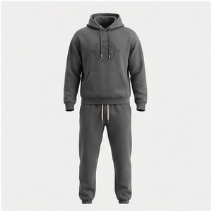 Ensemble de survêtement gris à capuche pour homme, manches longues, couleur unie, logo en relief, fermeture à cordon, tenue décontractée d'automne, coupe classique - Product Image 1