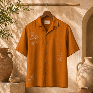 Fashionable Mens Brown Orange Cotton Embroidery <b>Shirt</b> <b>Half</b> Sleeves Floral Casual <b>Button</b> <b>Shirt</b> - Product Image 4