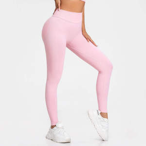 Leggings de yoga taille haute pleine longueur rose uni sans couture en Spandex et Polyester, extensibles dans les quatre sens avec taille élastique - Product Image 1