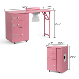 Pink MDF Nail Desk Folding Manicure Station with 2 Drawers and 1 Door Cabinet for Home Beauty or Nail Art Salon - Product Image 5