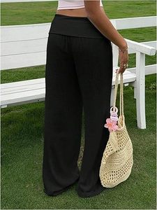 Women's High Waist Wide Leg <b>Pants</b> Solid Black Knitted Loose Fit Elastic Waist Full Length Casual <b>Summer</b> <b>Pants</b> - Product Image 3