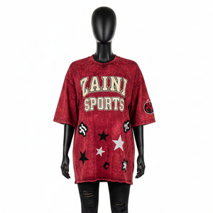 เสื้อยืดผู้หญิงแบบฟอกสี พรีเมียม GSM ผ้าคอตตอนเจอร์ซีย์ เนื้อผ้านุ่ม สีแดงวินเทจ พิมพ์ลายโลโก้ตามสั่ง เสื้อยืดผู้หญิงแบบฟอกสี ผ้าคอตตอน - Product Image 1