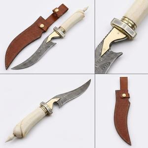 Cuchillo utilitario de hoja fija para exteriores de 26 cm, hecho a mano en acero inoxidable, con mango de hueso tallado y funda de cuero cosida. - Product Image 5