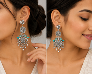Boucles d'oreilles pendantes en laiton oxydé, finition argent antique, forme poire, pour femmes, vente en gros |   Bijoux de mariage ethniques indiens faits à la main, style bohème - Product Image 6