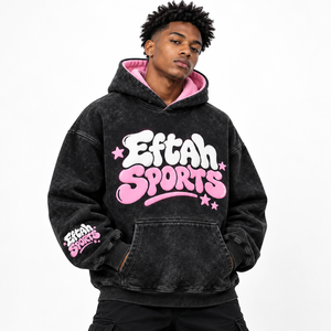 Eftah Sports Men's Oversized Washed Black <b>Hoodie</b> With Pink Lining And Graphic Letter Print <b>Cheap</b> Price Wholesale Rate Custom - Product Image 1