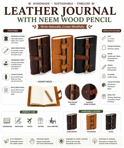 Handmade <b>Leather</b> Journal with Neem Wood Pencil Rustic Vintage Notebook Strap Closure <b>Diary</b> Travel Writing Journal Gift Item - Product Image 6