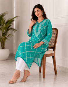 Exclusive Indian Georgette <b>Chikankari</b> Kurti Designer Sea Green Thread Embroidered Long Ethnic Wear for Women Wholesale - Product Image 4