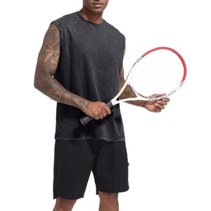 Débardeur sans manches en coton lavé pour homme, col rond, style décontracté uni, noir - Product Image 3