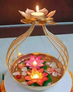 Golden Lotus Metal Urli Bowl <b>Tea</b> <b>Light</b> <b>Holder</b> with Lid Handmade Christmas Decorative Floating Flower Candle Stand Home Festive - Product Image 4