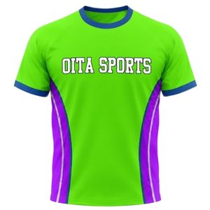 Camiseta de Netball Unisex Verde Neón y Morado, Sublimada, de Poliéster, Manga Corta, Cuello Redondo, Ropa Deportiva, Panel Lateral para Entrenamiento - Product Image 1