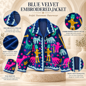 Chaqueta de terciopelo azul índigo con bordado Suzani y motivos de arte folclórico coloridos | Prenda Exterior Bohemia de Frente Abierto con Cuello Decorativo - Product Image 5