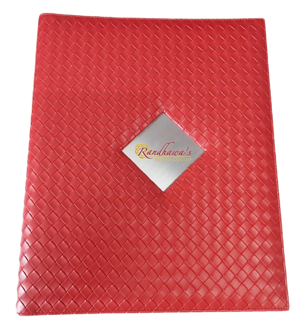 Carpeta de lujo de alto diseño con logotipo de metal, cubierta de menú de bebidas y comida de cuero rojo, tamaño A4 para la industria de hoteles y restaurantes