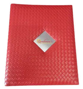 High Design Luxury Folder with Metal Logo Red Leatherette Drinks and Food Menu Cover A4 Size for Hotel and Restaurant Industry