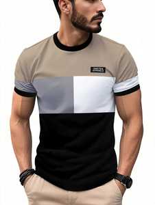 T-shirt décontracté pour homme ONETEN, col rond, manches courtes, tricoté, avec logo frontal, blocs de couleur, bordure contrastante, 100 % coton, légèrement extensible - Product Image 1