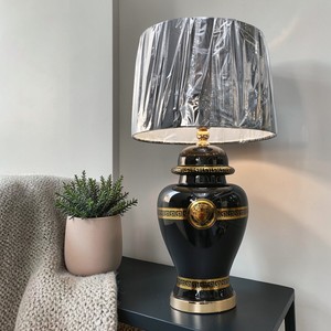 Traditional Ceramic Table Lamp <b>Black</b> Gold Medusa Design Drum <b>Shade</b> Gray Metal <b>Shade</b> Bedroom Decorative <b>Lighting</b> E27 LED 2700K - Product Image 3