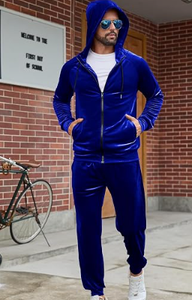 <b>Men</b> Blue <b>Velour</b> Hooded Zip Up <b>Tracksuit</b> Set Long Sleeve Sweatshirt and Pants Casual Solid Two Piece Outfit - Product Image 4