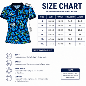 Polo de golf à manches courtes pour femme, imprimé floral, fleurs bleues, tricoté en polyester, haut décontracté avec fermeture boutonnée, 100 % polyester - Product Image 5