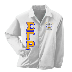 <b>White</b> Women's Greek Letter Embroidered Knitted Breathable <b>Button</b> Jacket Gold Applique Letters Blue Outline Collegiate Crest Logo - Product Image 1