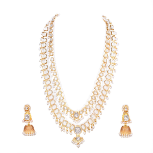 Conjunto de Collar Largo con Piedras Kundan Chapado en Oro con Aretes, Joyería Fina de Moda para Ocasiones Nupciales con Rubí y Perla - Product Image 3