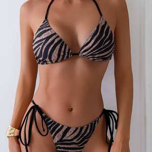Conjunto de bikini triangular sólido para mujer, sexy, con lazo lateral, de dos piezas, cuello redondo, con aros, tanga de corte alto, de secado rápido, ropa de playa - Product Image 5