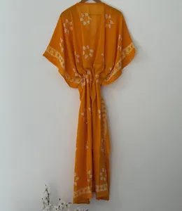 Caftán Maxi de Algodón con Estampado Floral Étnico, Color Naranja, Estilo Boho, Cuello en V, para Playa o Resort de Verano - Product Image 1