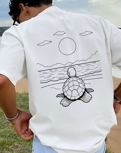 เสื้อยืดแขนสั้นผู้ชาย ผ้าฝ้าย 100% เป็นมิตรกับสิ่งแวดล้อม ระบายอากาศได้ดี ลายการ์ตูนเต่าทะเล ทรงปกติ คอกลม สวมใส่สบาย - Product Image 1