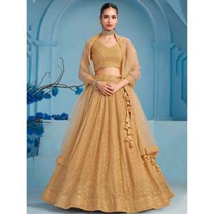 Lehenga Choli en Georgette Monochrome Brodé de Fil Beige Envoûtant pour Mariage - Product Image 4