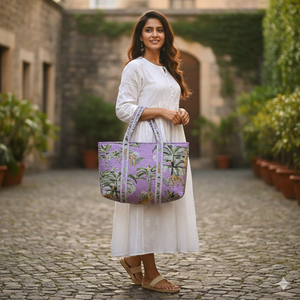 Sac fourre-tout en coton matelassé à imprimé animalier jungle violet, fait main, grande capacité, pliable, à porter à l'épaule, pour femme, pour les voyages et le shopping - Product Image 2