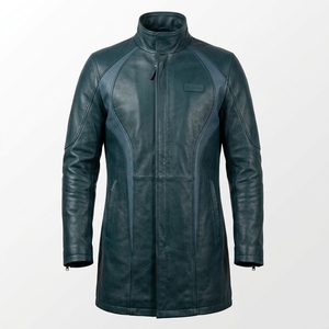 Abrigo Largo de Cuero Genuino para Hombre en Verde Azulado Oscuro con Paneles Curvos Personalizados, Cremallera y Cuello Alto - Exportador - Product Image 1