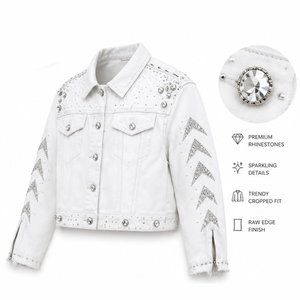 Custom White Rhinestone Denim Cropped Jacket Studded Jean Trucker Jacket Fashion Street Wear <b>Coat</b> For Unisex Wear - Product Image 4