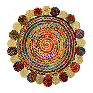 Alfombra Redonda Delgada de Yute Chindi Hecha a Mano con Diseño Boho de Retazos, Borde Trenzado en Espiral y Festoneado para el Hogar, Fácil de Limpiar - Product Image 6