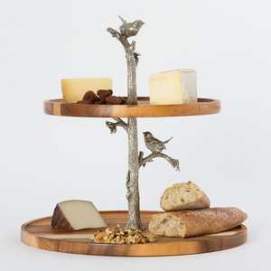 Modern 2 Tier Acacia Wood Cake Stand With Gold Tone Leaf Design Metal Handle For Wedding Birthday Parties And Luxury Dessert - Product Image 5