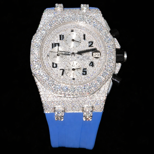 Reloj de Boda Vintage con Movimiento Mecánico, Correa de Goma Cuadrada Blanca y Azul, Diamante Moissanita, Caja de 5 mm de Grosor, Esfera de Cristal - Product Image 1