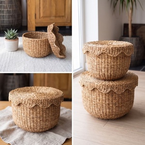 Natural Seagrass Storage <b>Baskets</b>, Set of 3 Scallop Edge With Bowl Shape <b>Stackable</b> Eco-Friendly Home Decoration Rustic Style - Product Image 2