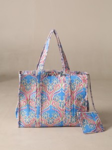 OEM Assorted Blue Heart Quilted Cotton Tote <b>Bag</b> with Pouch - Eco-Friendly <b>Boho</b> Reusable Shopper <b>Bag</b> - Product Image 2