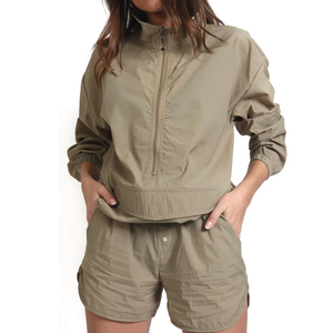Ensemble short et coupe-vent imperméable en tissu mémoire solide imprimé, personnalisé pour femme, décontracté, en nylon uni avec fermeture éclair - Product Image 4