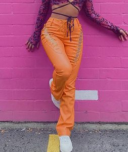 Orange High Waist gothic <b>Pants</b> With Lace-Up Side Detail <b>Y2K</b> Style Full Length Drawstring Closure - Product Image 2