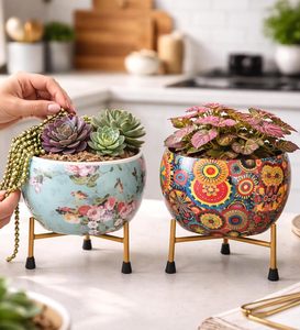 Decorative Metal Planter <b>Pots</b> with Stands Floral Boho Printed Round Flower <b>Pots</b> for Indoor Plants <b>Succulents</b> Tabletop Garden - Product Image 3